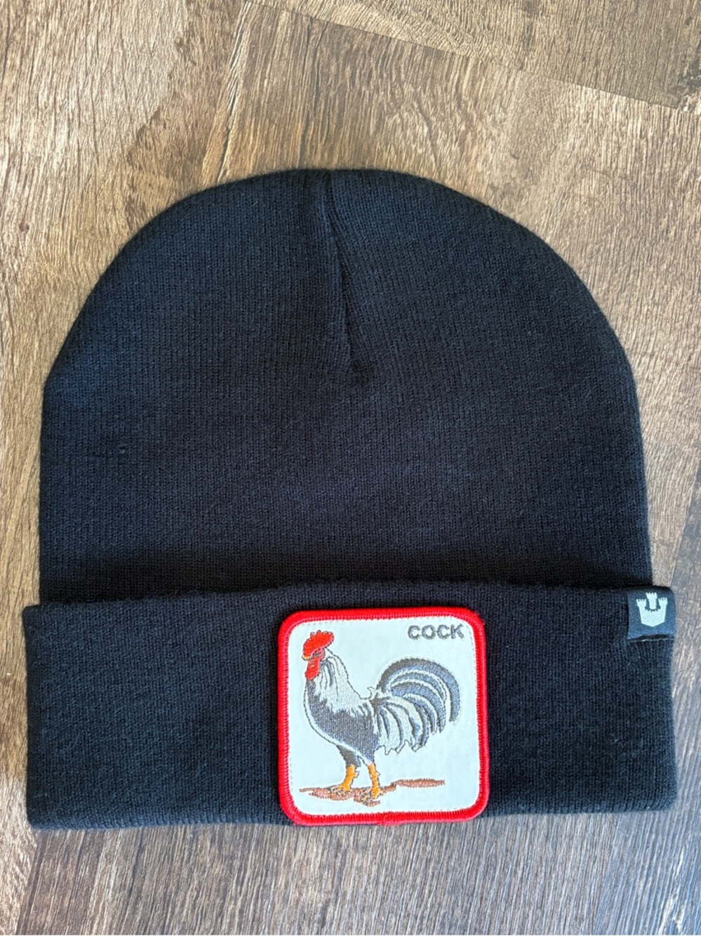 Goorin Bros Black Beanie with Rooster Patch (Red Accent)